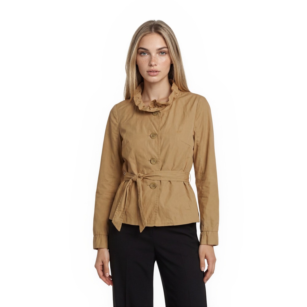 J.Crew Ruffle Jacket Women's Size 10 Tan Khaki 100%‎ Cotton Belted Button Trench